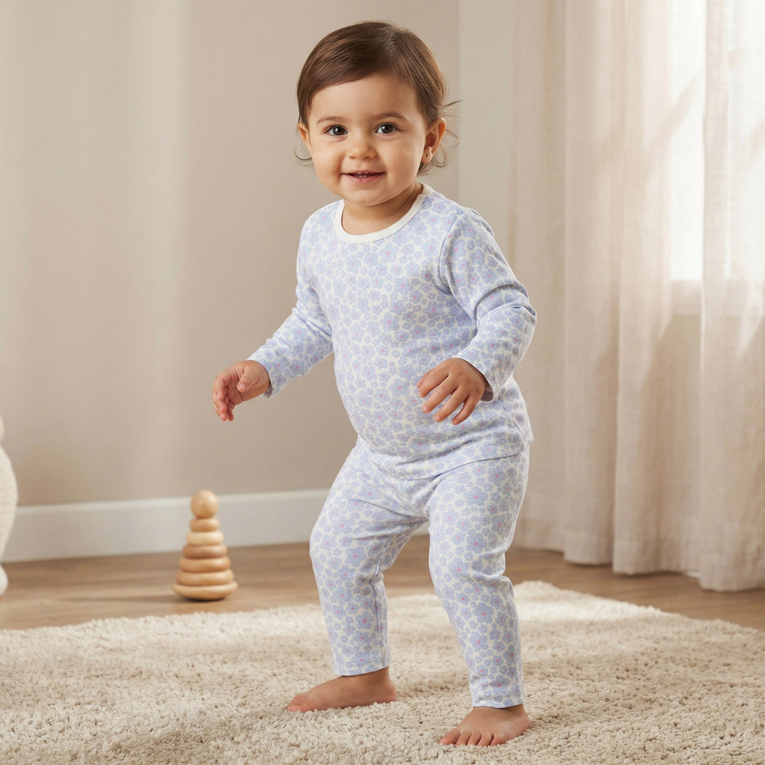Juniors Pyjama Set with Print - Cotton - Long Sleeves - Crew Neck - Blue / 12-18 mths