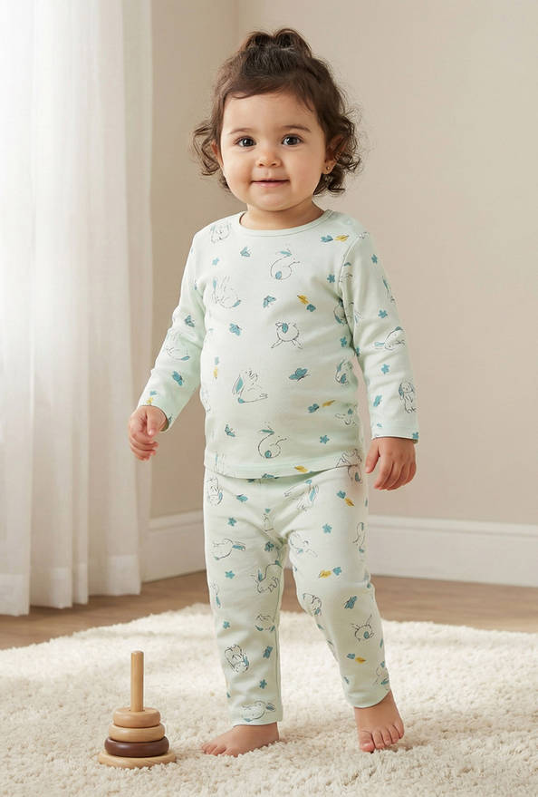 Juniors Pyjama Set with Bear Print - Cotton - Long Sleeves - Crew Neck