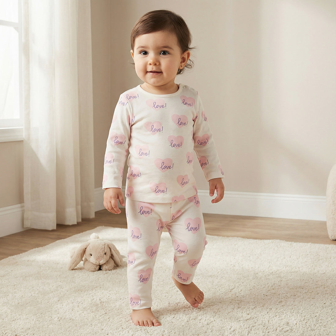 Juniors Heart Print T-shirt and Pyjama Set - White / 12-18 mths