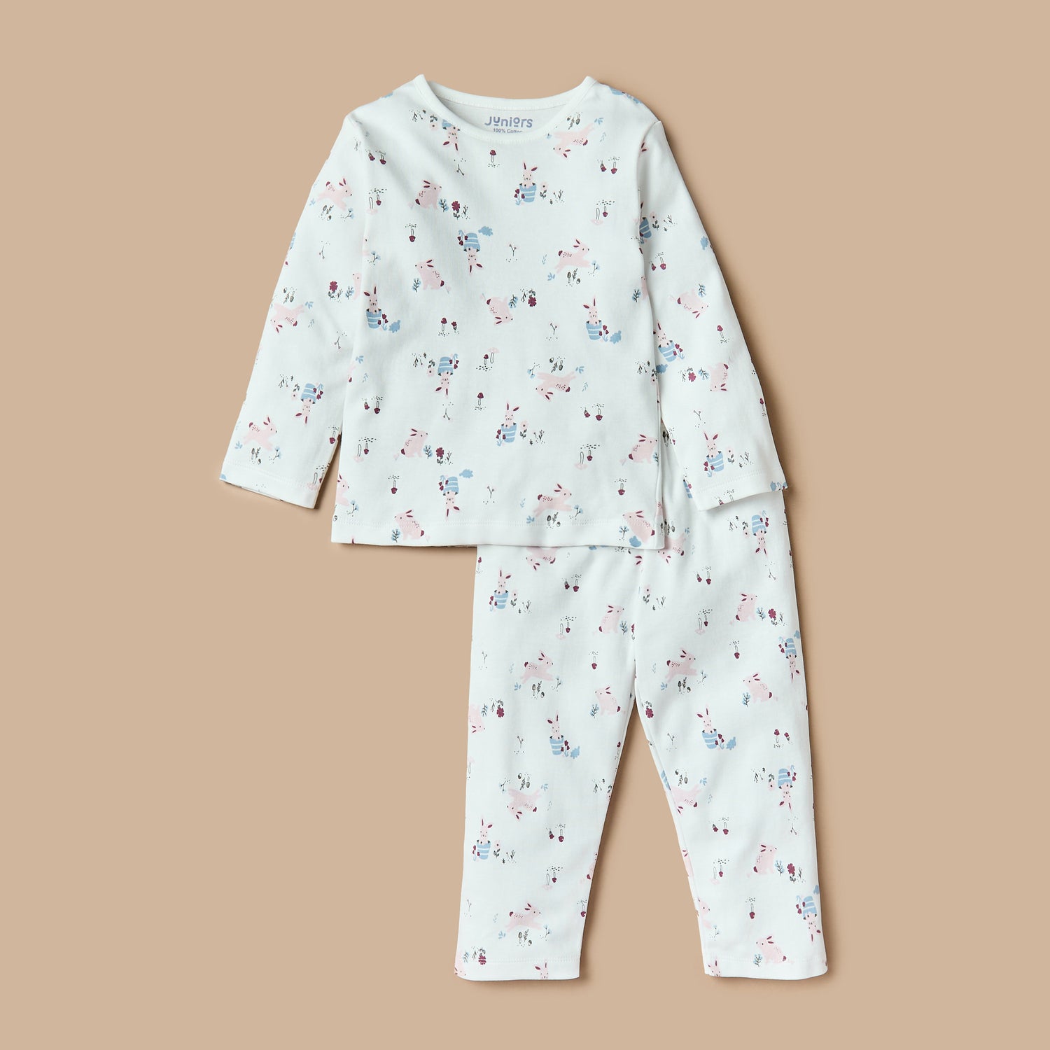 Juniors All-Over Bunny Print T-shirt and Pyjama Set - White / 12-18 mths