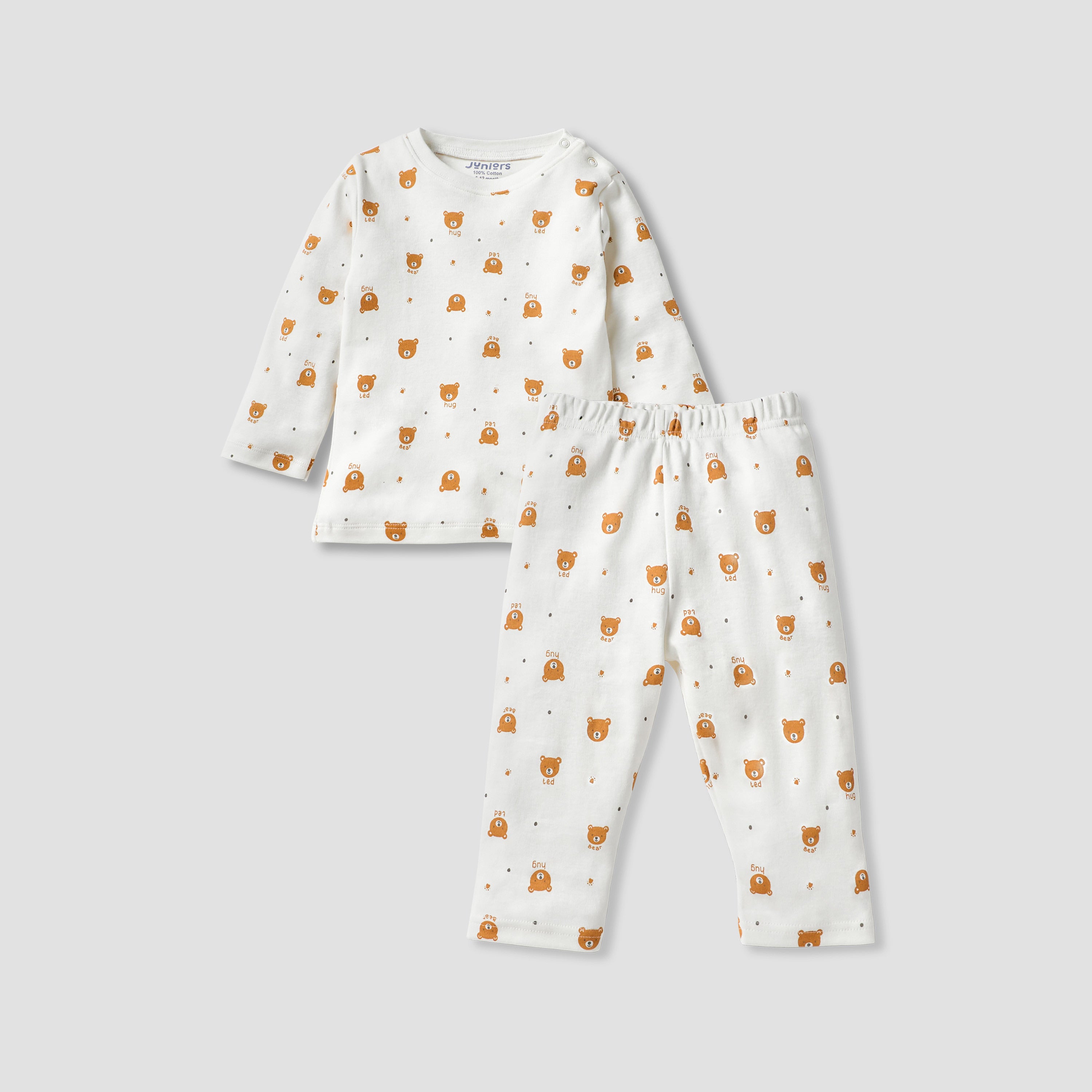 Juniors Bear Print Long Sleeves T-shirt and Pyjama Set - White / 12-18 mths
