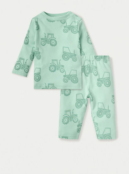 Juniors Tractor Print Long Sleeves T-shirt and Pyjama Set-baby-boys-clothing-nightwear-pyjamasets-image-1