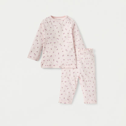 Juniors Floral Print Long Sleeves T-shirt and Pyjama Set - Pink / 12-18 mths