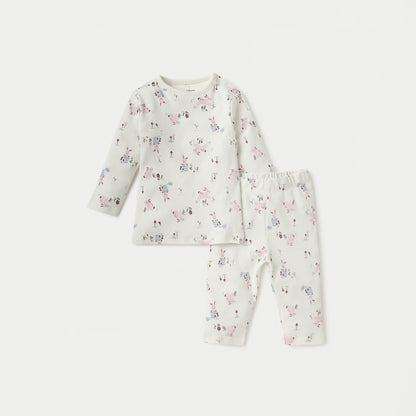 Juniors Printed Long Sleeves T-shirt and Pyjama Set - White / 18-24 mths