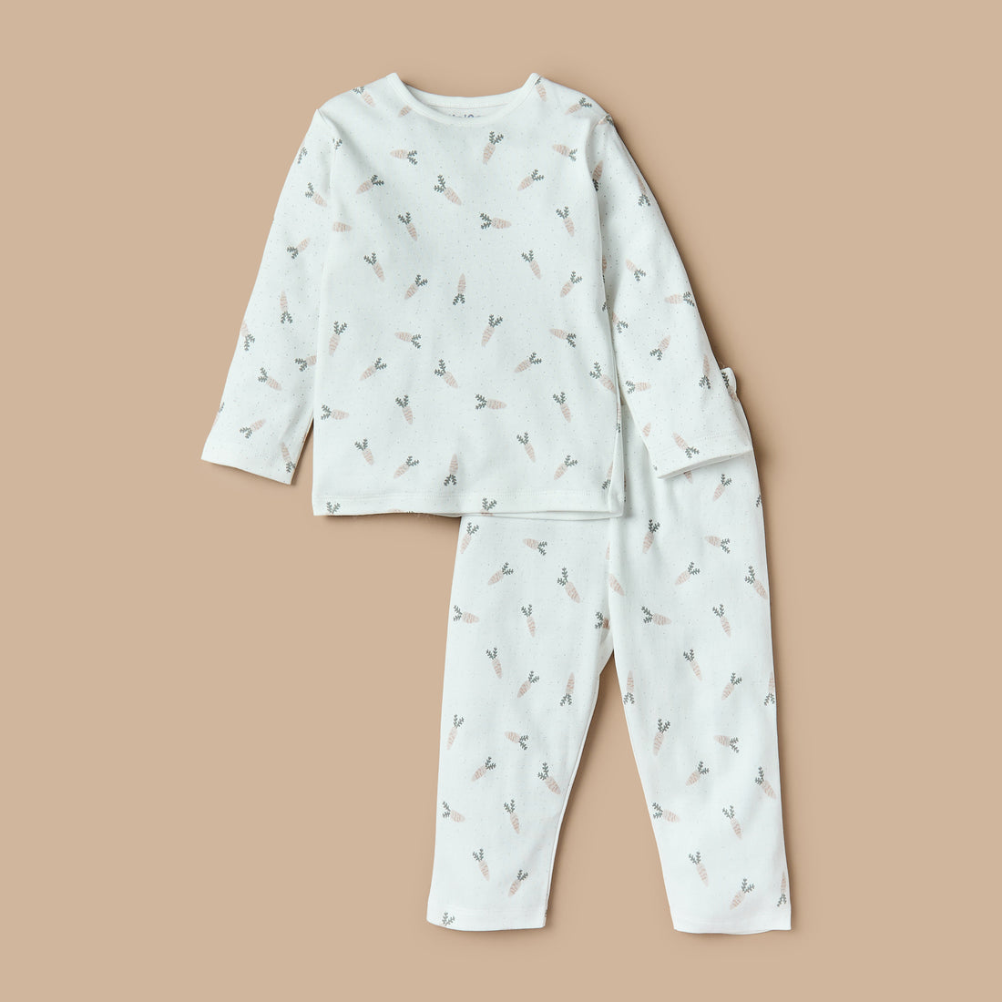 Juniors All-Over Carrot Print Long Sleeves T-shirt and Elasticated Pyjama Set - Cream / 12-18 mths