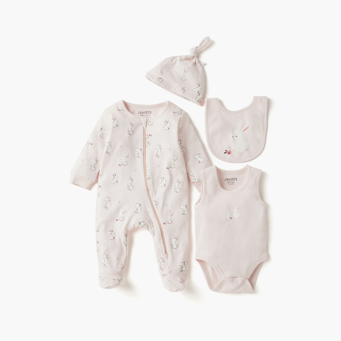 Juniors Bunny Print 4-Piece Clothing Gift Set - Pink / 0-3 mths