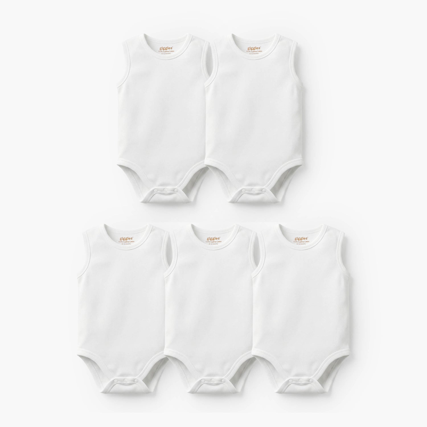 Giggles Sleeveless Bodysuit - Set of 5 - White / 18-24 mths