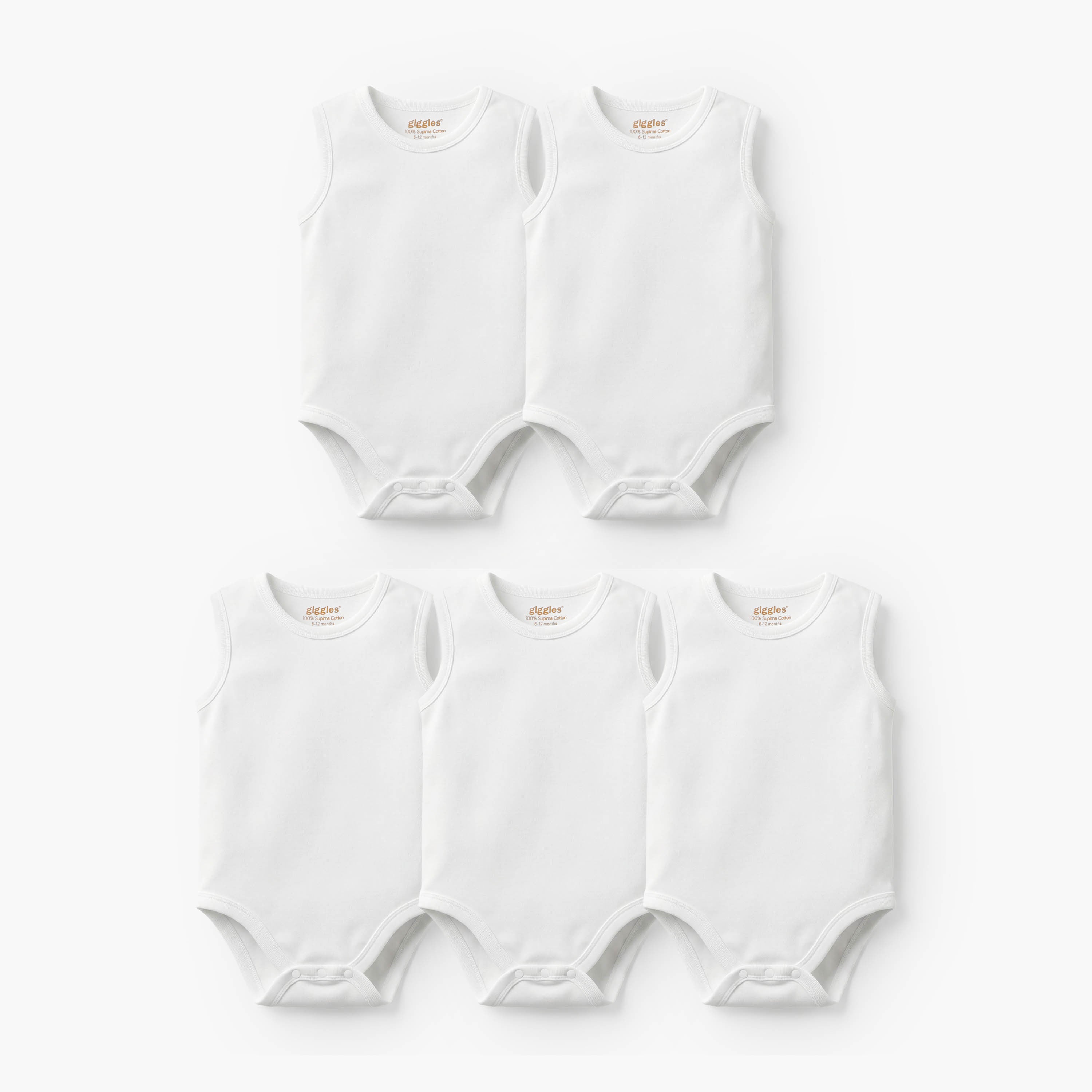 Giggles Sleeveless Bodysuit - Set of 5 - White / 18-24 mths