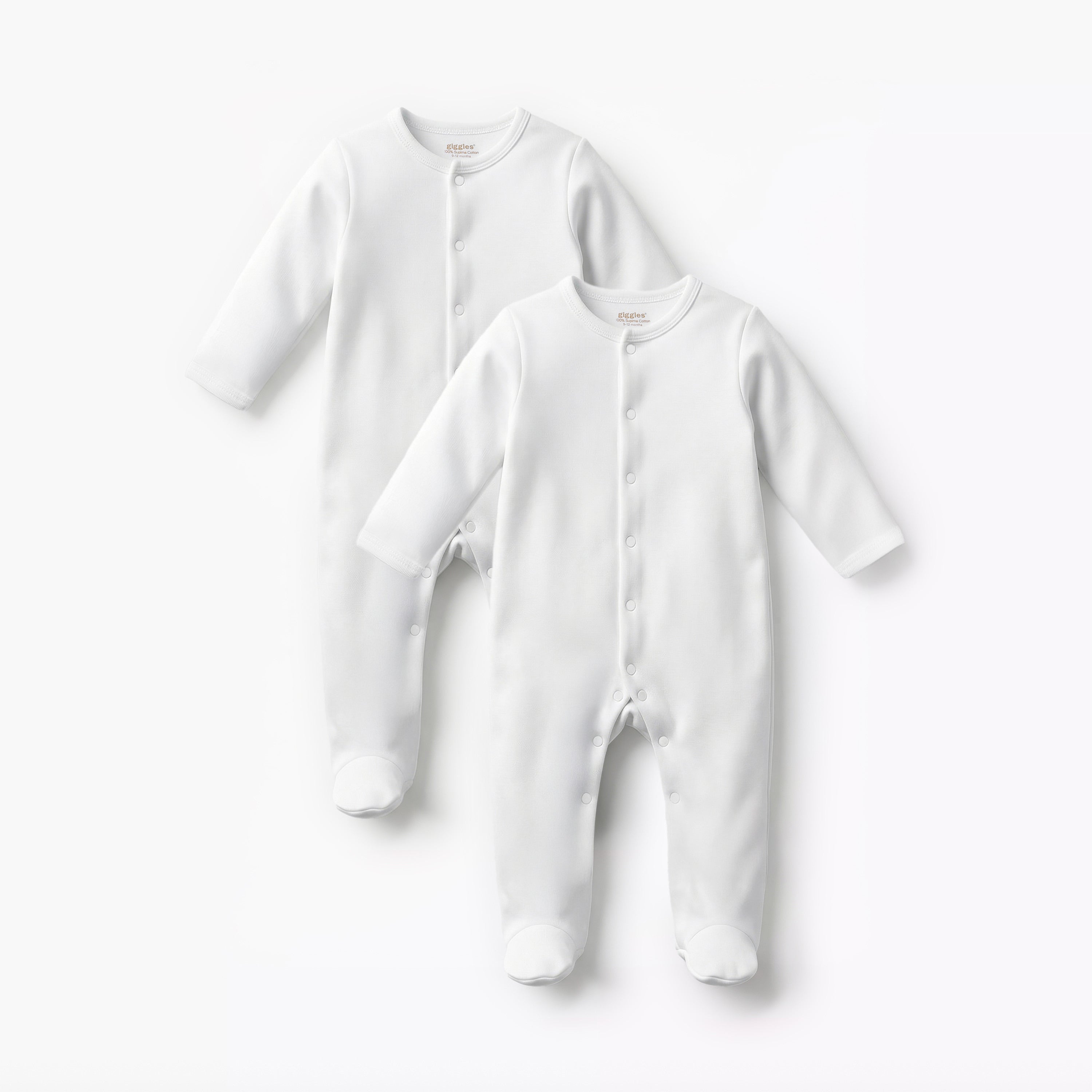 Giggles Solid Sleepsuit with Long Sleeves - Set of 2 - White / 12-18 mths