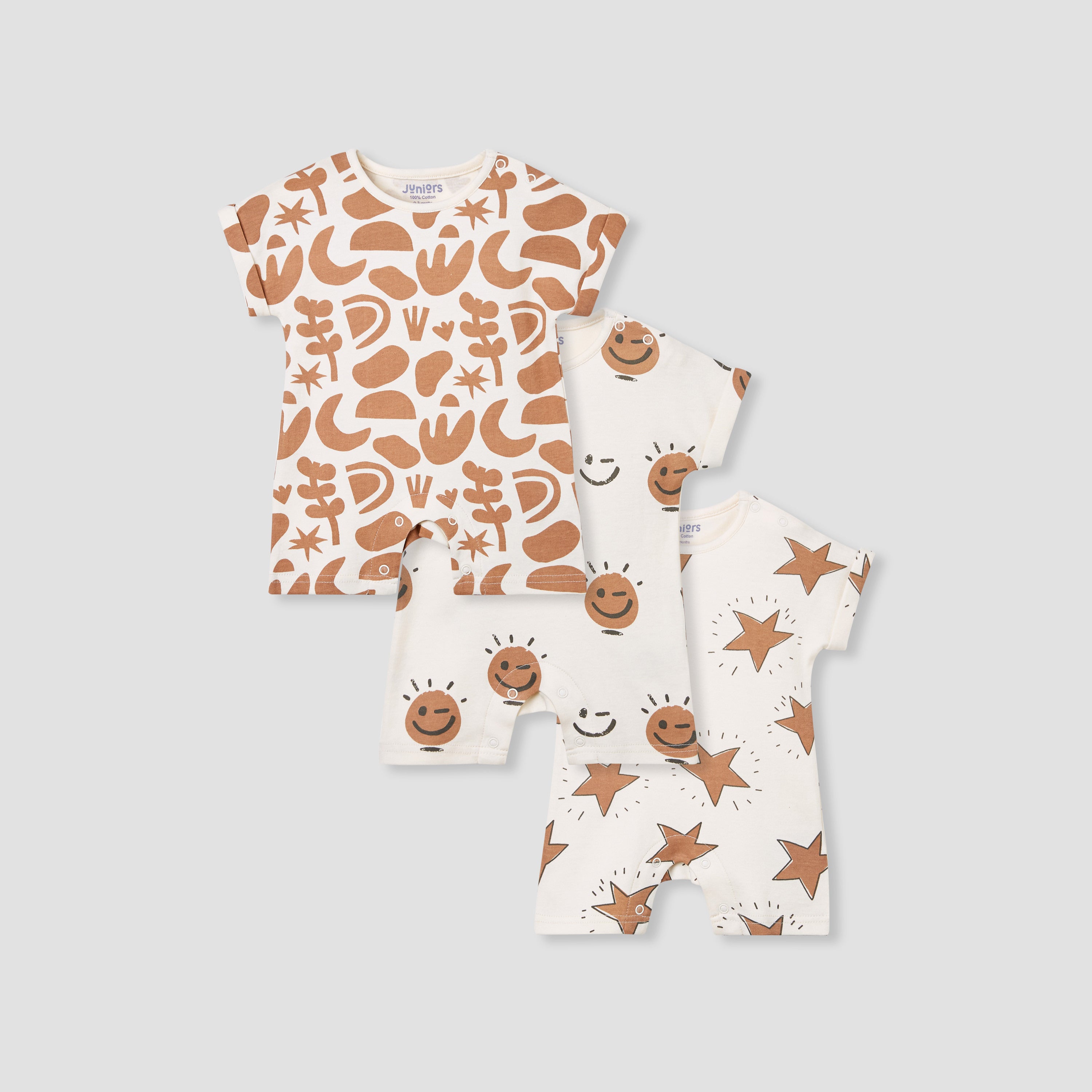 Juniors Printed Romper with Short Sleeves - Set of 3 - Beige / 12-18 mths