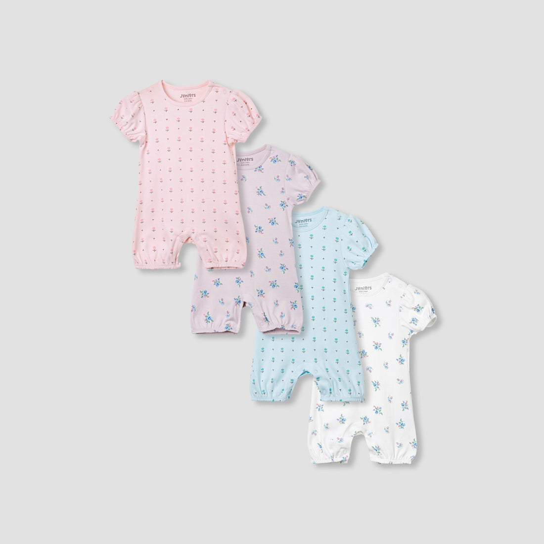 Juniors Floral Print Romper with Puff Sleeves - Set of 4 - Multicolour / 12-18 mths