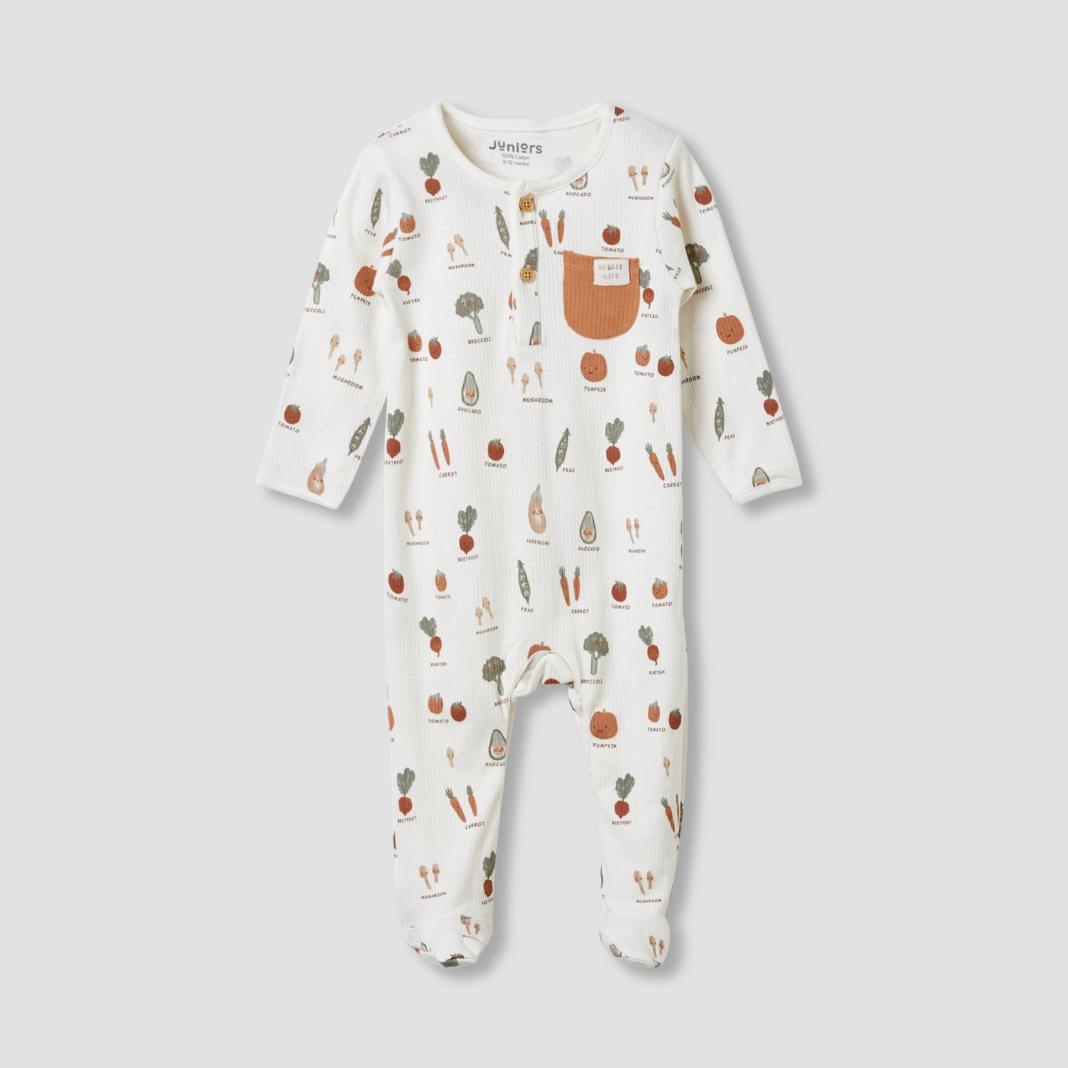 Juniors Round Neck Sleepsuit with Closed Feet - Cotton - Long Sleeves - Brown / 9-12 mths