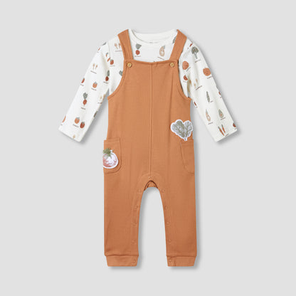 Juniors Boys T-shirt and Dungaree Set with Vegetable Print - Cotton - Long Sleeves - Crew Neck - Orange / 9-12 mths