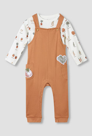 Juniors Boys T-shirt and Dungaree Set with Vegetable Print - Cotton - Long Sleeves - Crew Neck