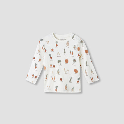 Juniors Boys T-shirt and Dungaree Set with Vegetable Print - Cotton - Long Sleeves - Crew Neck