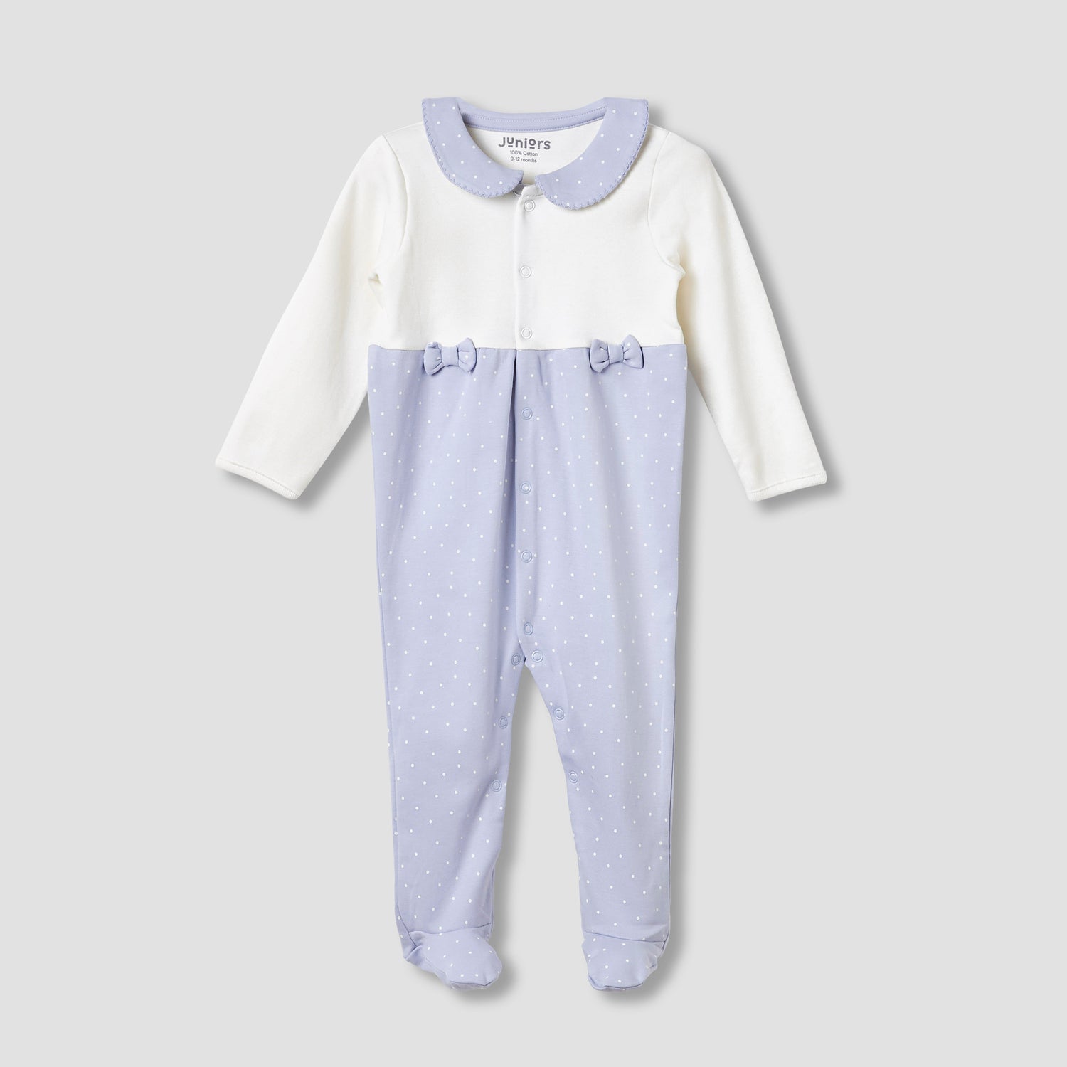Juniors Peter Pan Collar Sleepsuit with Closed Feet - Cotton - Long Sleeves - Blue / 9-12 mths