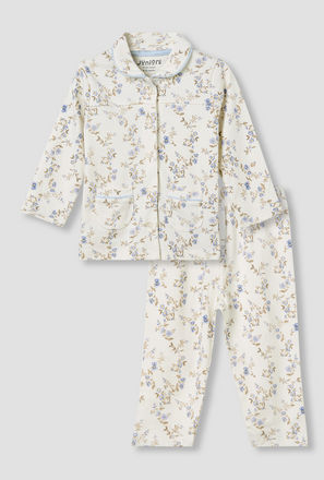 Juniors Pyjama Set with Floral Print - Cotton - Long Sleeves - Collar