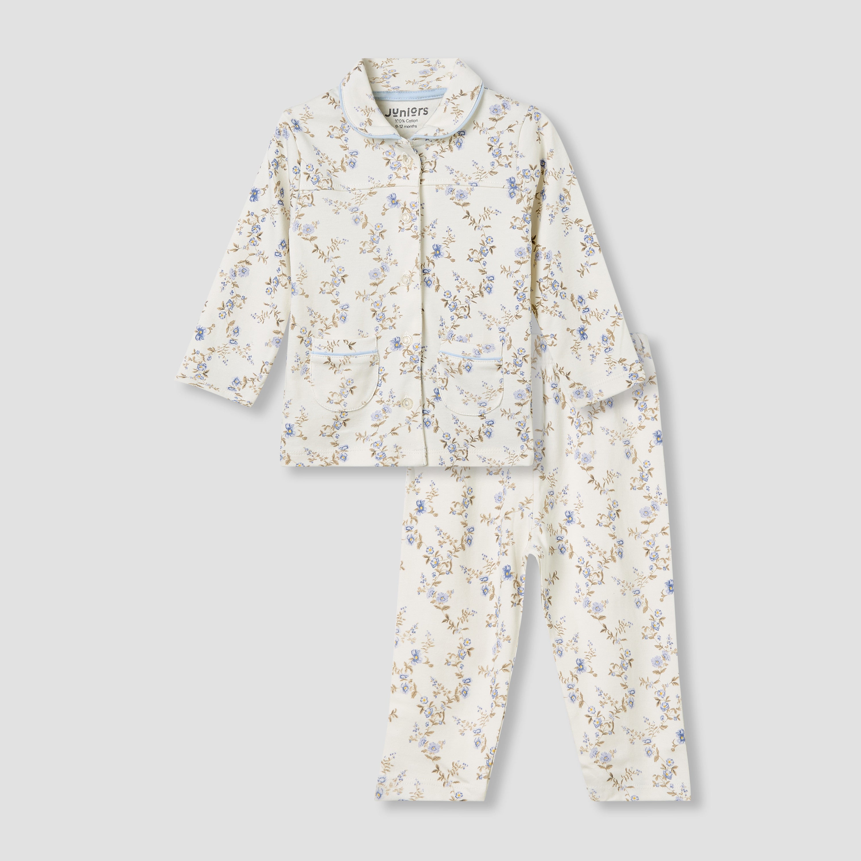 Juniors Pyjama Set with Floral Print - Cotton - Long Sleeves - Collar