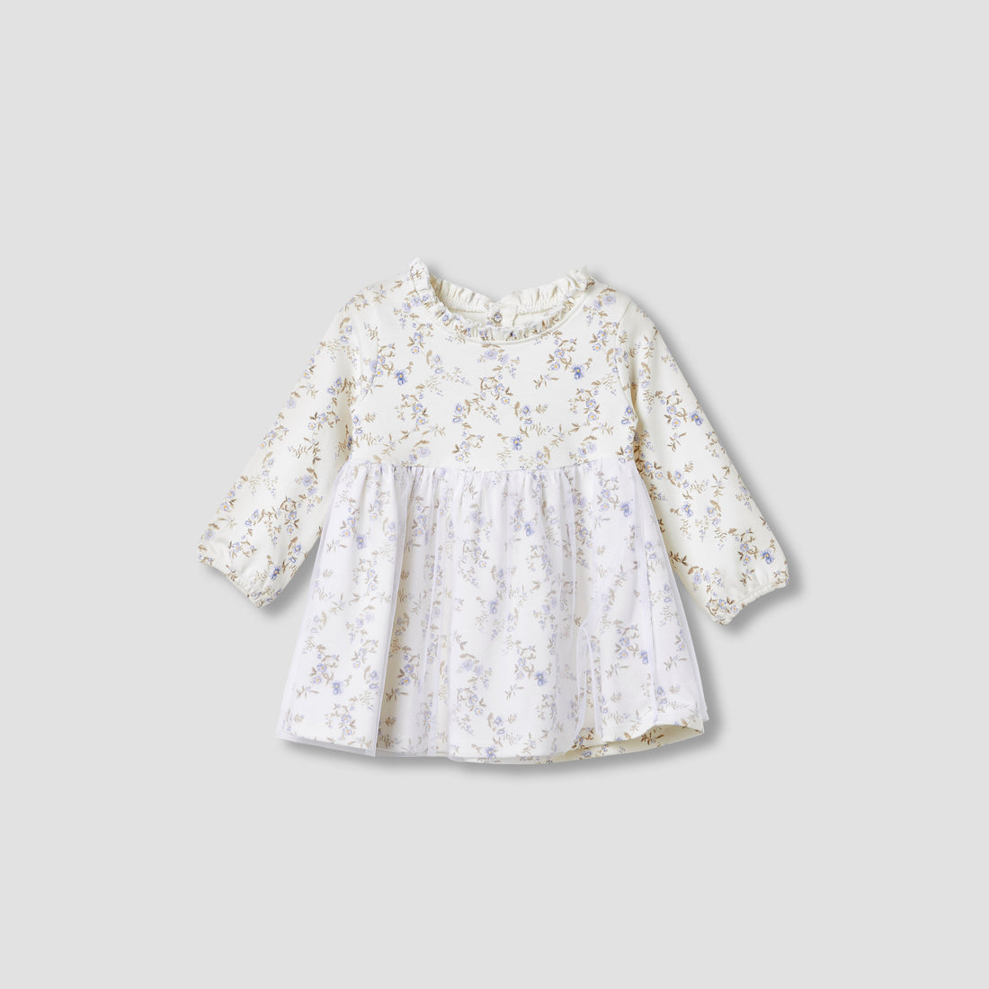 Juniors Girls Dress with Floral Print - Cotton - Long Sleeves - Round Neck - Cream / 9-12 mths