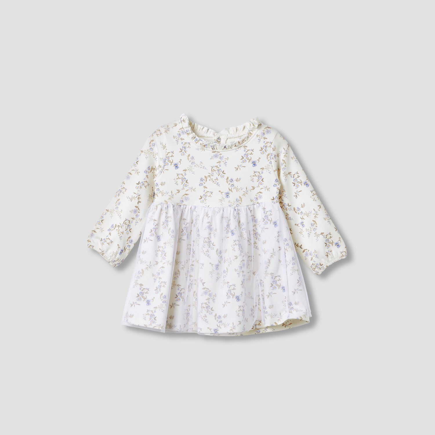 Juniors Girls Dress with Floral Print - Cotton - Long Sleeves - Round Neck - Cream / 9-12 mths