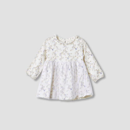 Juniors Girls Dress with Floral Print - Cotton - Long Sleeves - Round Neck - Cream / 9-12 mths