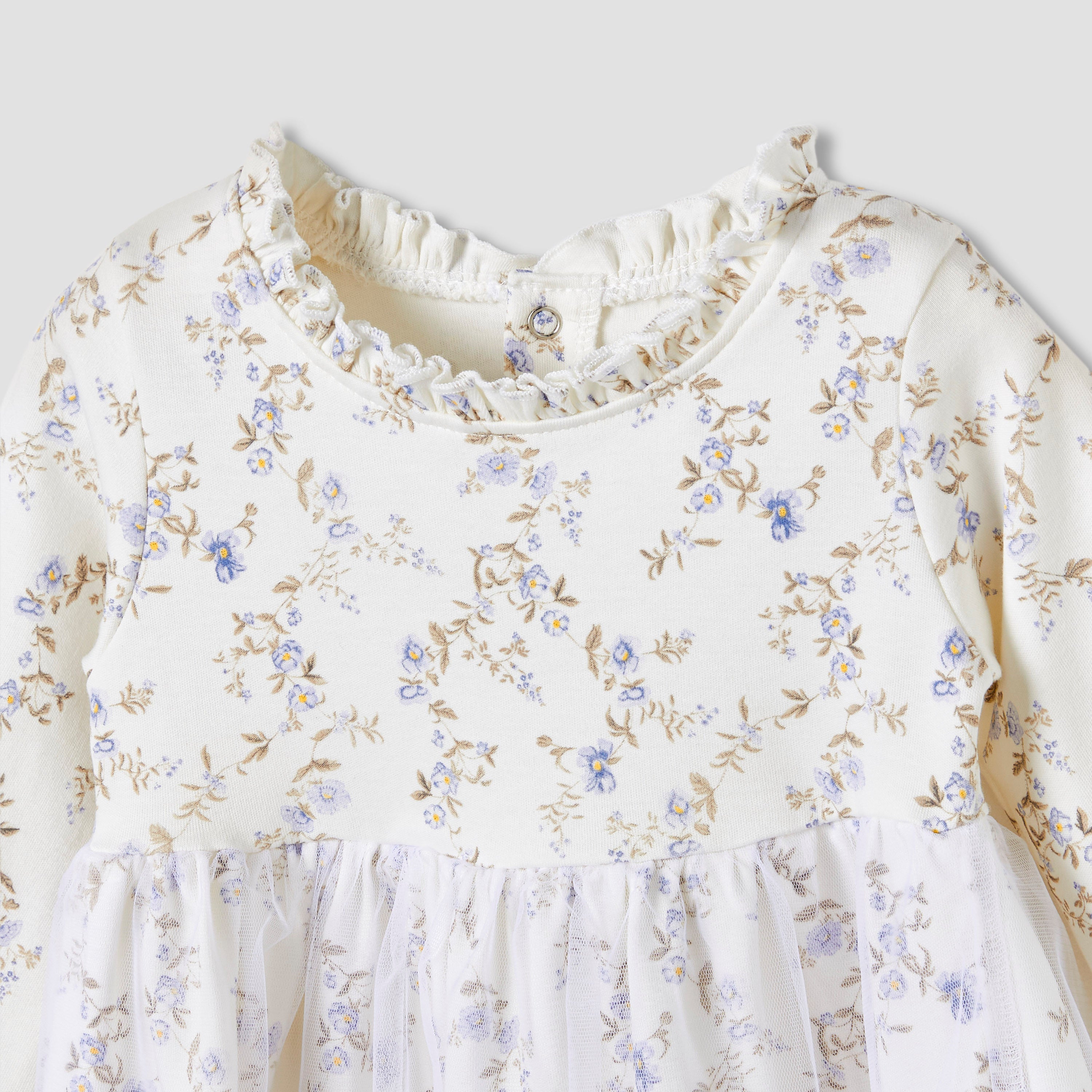 Juniors Girls Dress with Floral Print - Cotton - Long Sleeves - Round Neck
