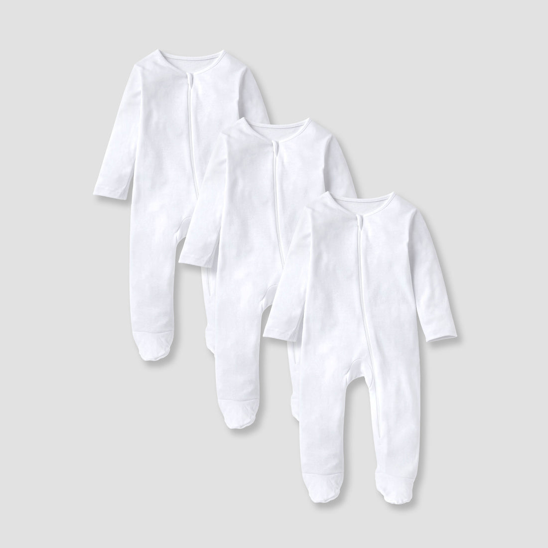 Juniors Solid Sleepsuit with Long Sleeves and Zip Closure - Set of 3 - White / 12-18 mths