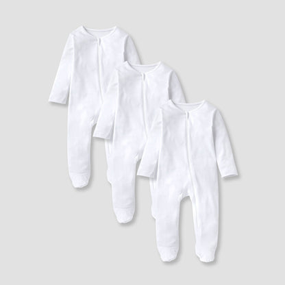 Juniors Solid Sleepsuit with Long Sleeves and Zip Closure - Set of 3 - White / 12-18 mths