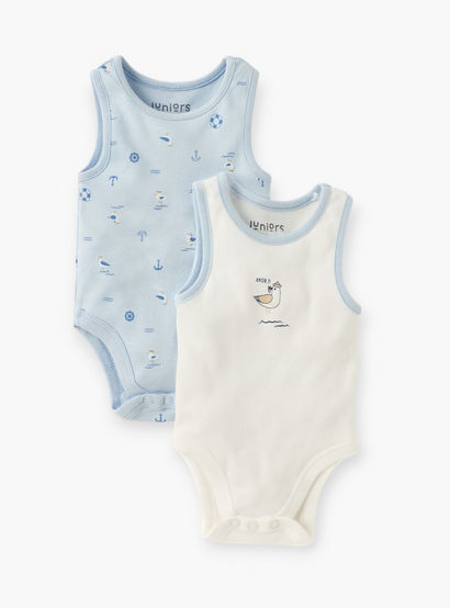 Juniors Printed Sleeveless Bodysuit with Round Neck - Set of 2-baby-boys-clothing-bodysuits-image-1