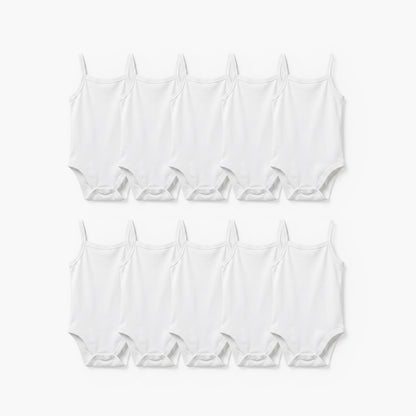 Juniors Solid Strap Sleeves Bodysuit with Snap Button Closure - Set of 10 - White / 12-18 mths