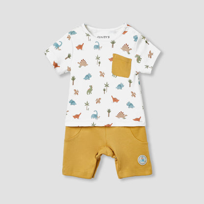 Juniors Dinosaur Print Romper with Short Sleeves - Yellow / 12-18 mths
