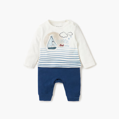 Juniors Embroidered Sleepsuit with Button Closure and Long Sleeves - Multicolour / 9-12 mths