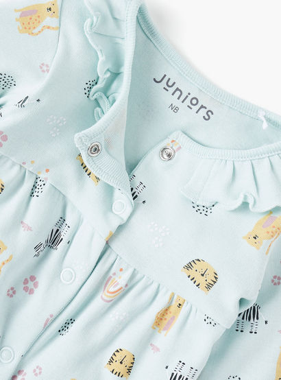 Juniors Printed Sleepsuit with Long Sleeves and Zip Closure-baby-girls-clothing-nightwear-sleepsuits-image-3