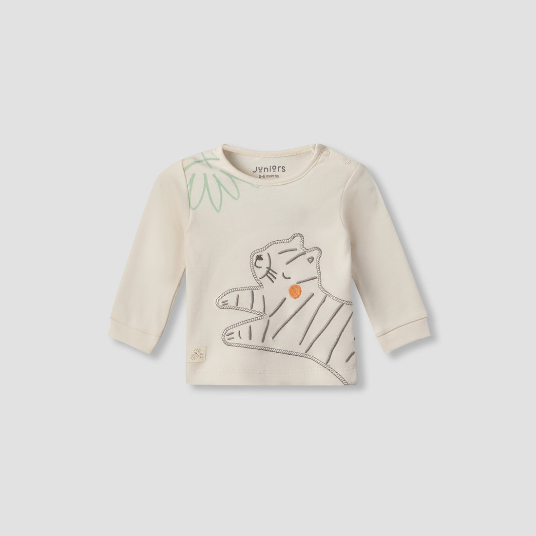 Juniors Cotton Crew Neck Long Sleeves Pyjama Set with Tiger Embroidery