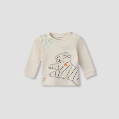 Juniors Cotton Crew Neck Long Sleeves Pyjama Set with Tiger Embroidery