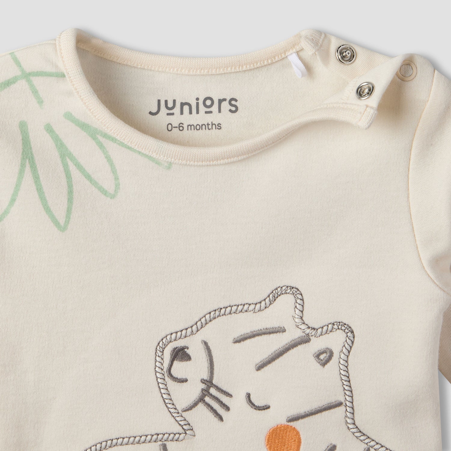 Juniors Cotton Crew Neck Long Sleeves Pyjama Set with Tiger Embroidery