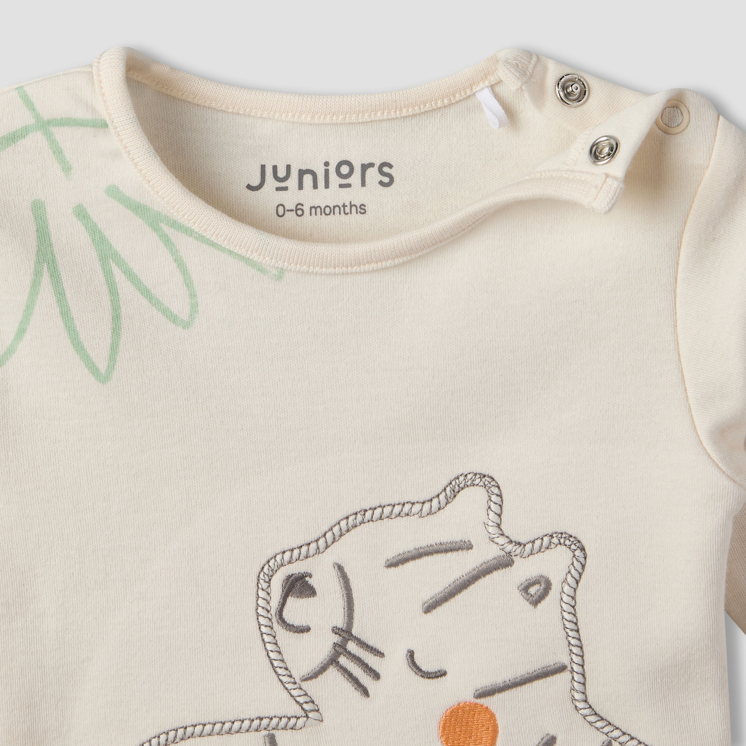 Juniors Cotton Crew Neck Long Sleeves Pyjama Set with Tiger Embroidery