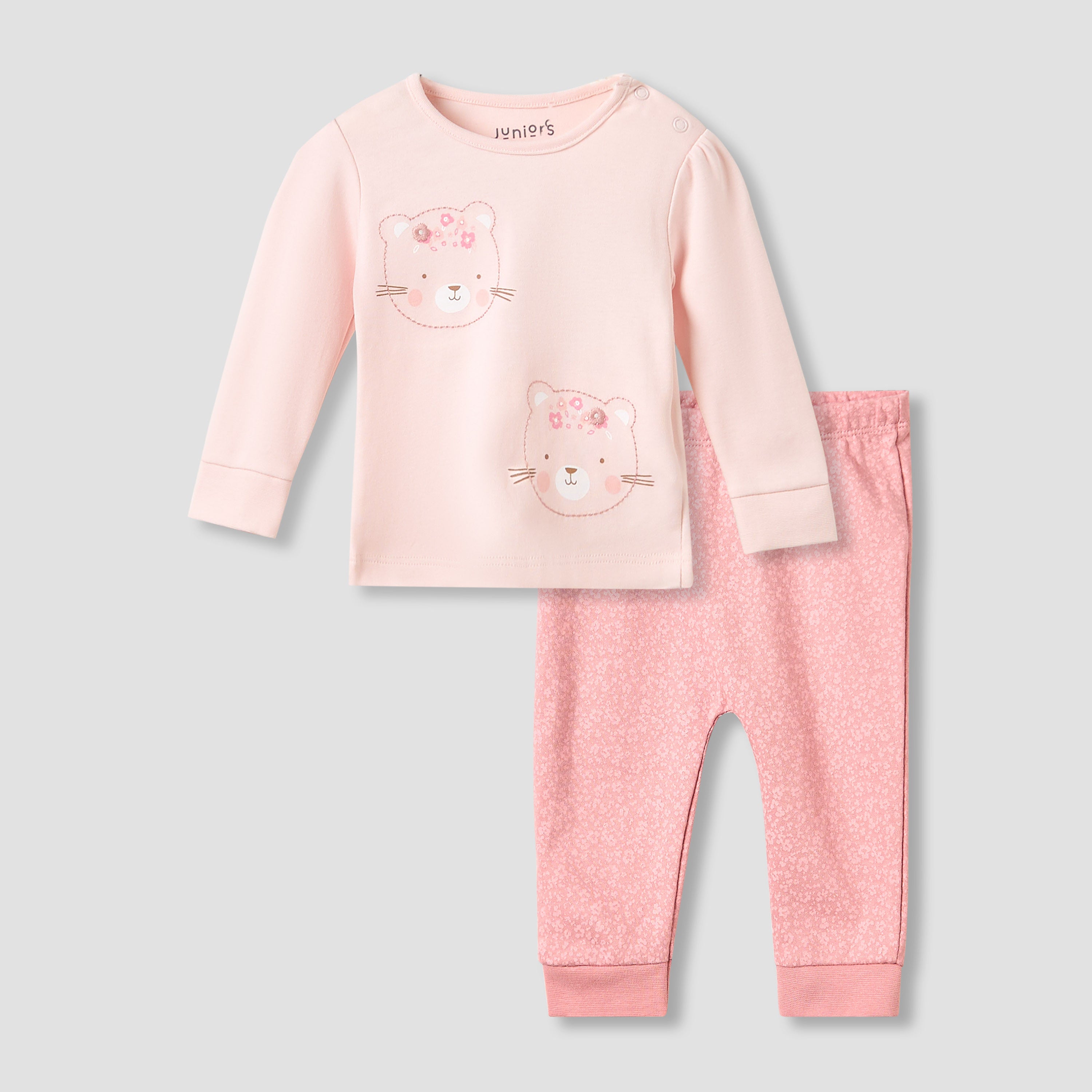 Juniors Pyjama Set with Bear Print - Cotton - Long Sleeves - Crew Neck - Pink / 12-18 mths