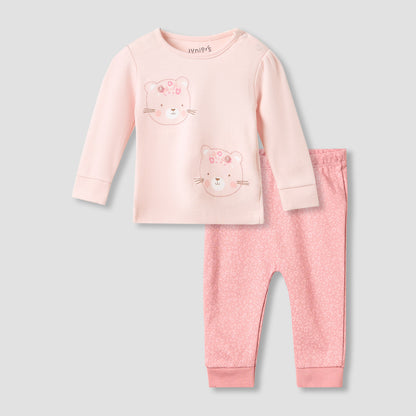 Juniors Pyjama Set with Bear Print - Cotton - Long Sleeves - Crew Neck - Pink / 12-18 mths
