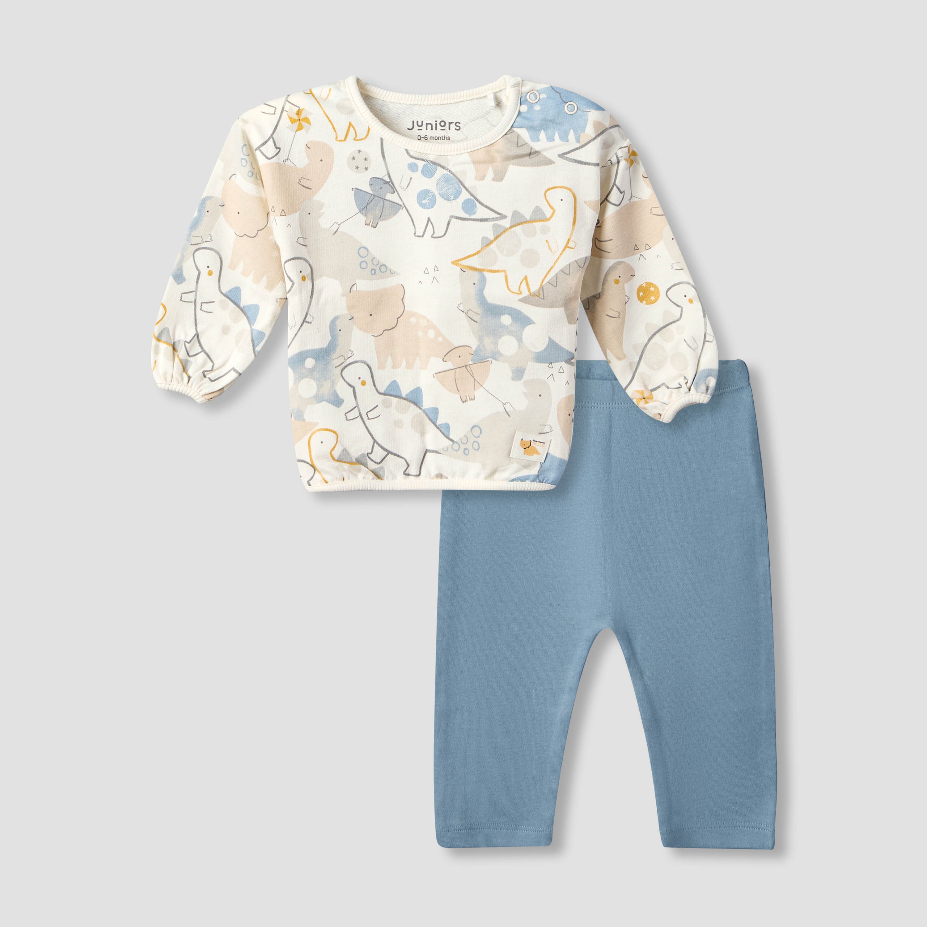 Juniors Cotton Crew Neck Long Sleeves Pyjama Set with Dinosaur Print - Blue / 12-18 mths