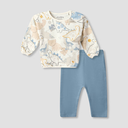 Juniors Cotton Crew Neck Long Sleeves Pyjama Set with Dinosaur Print - Blue / 12-18 mths
