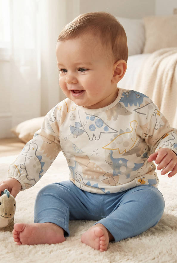 Juniors Cotton Crew Neck Long Sleeves Pyjama Set with Dinosaur Print
