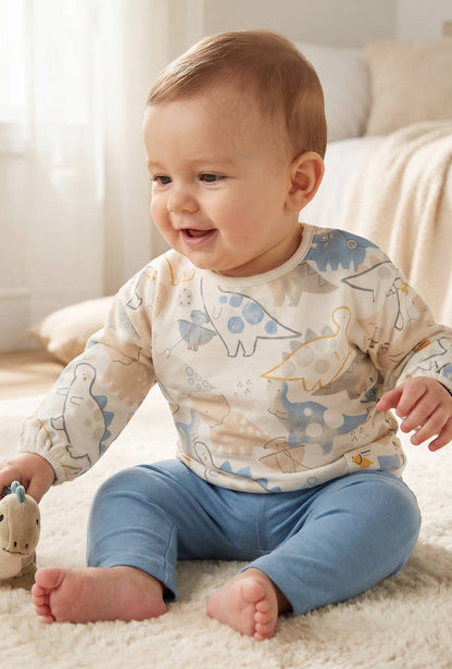 Juniors Cotton Crew Neck Long Sleeves Pyjama Set with Dinosaur Print