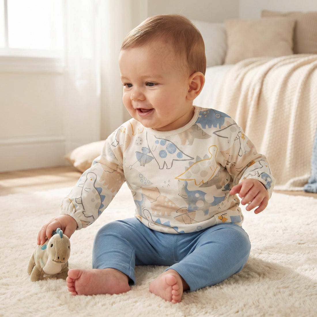 Juniors Cotton Crew Neck Long Sleeves Pyjama Set with Dinosaur Print - Blue / 12-18 mths