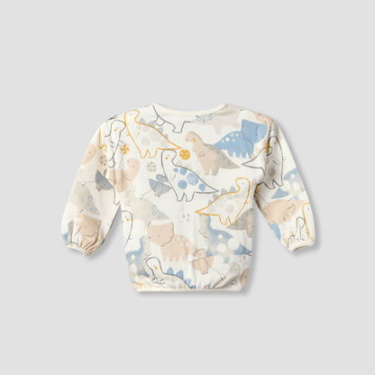 Juniors Cotton Crew Neck Long Sleeves Pyjama Set with Dinosaur Print