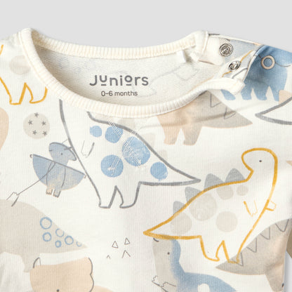 Juniors Cotton Crew Neck Long Sleeves Pyjama Set with Dinosaur Print
