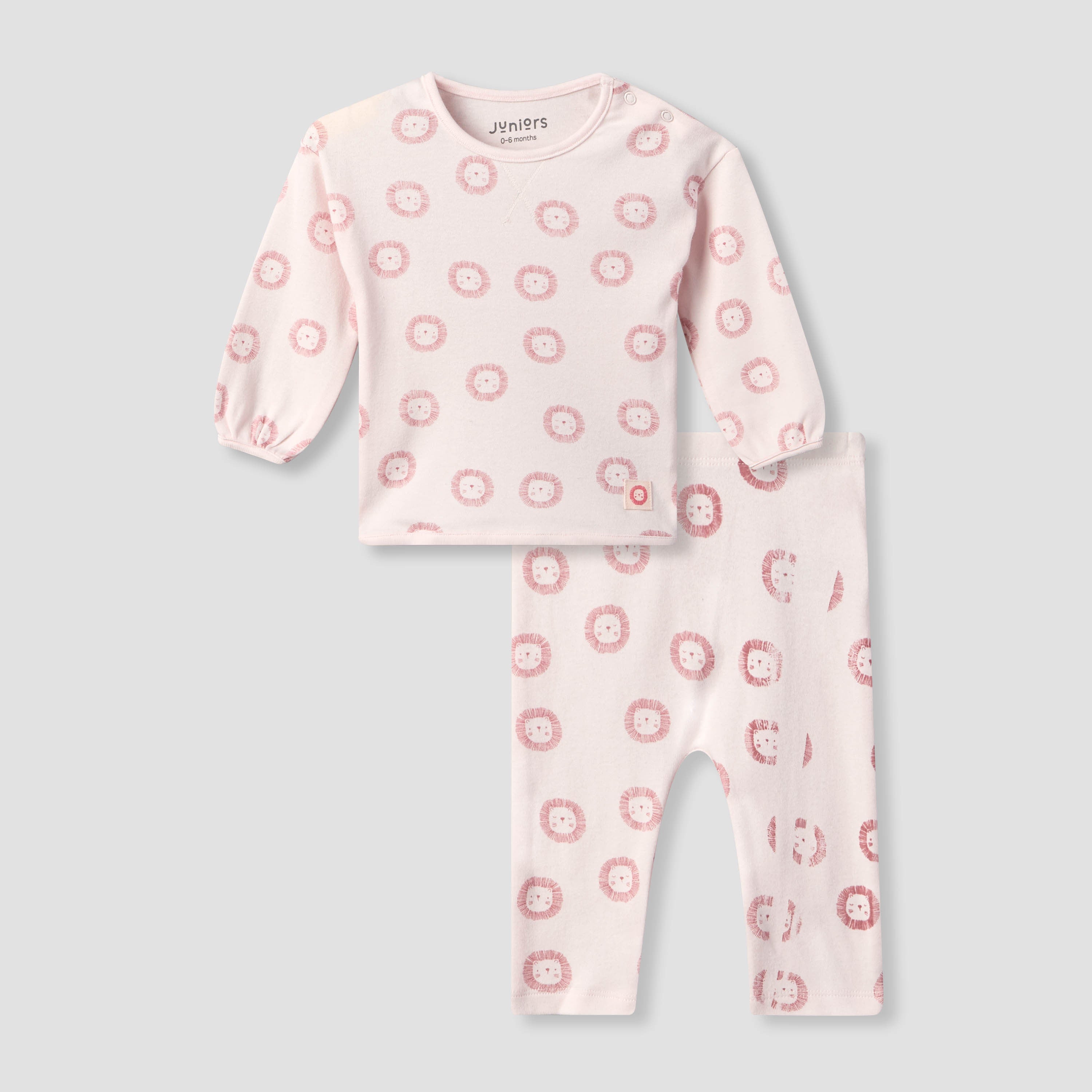 Juniors Cotton Crew Neck Long Sleeves Pyjama Set with Lion Print - Pink / 12-18 mths