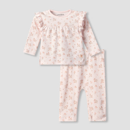 Juniors Cotton Crew Neck Long Sleeves Pyjama Set with Floral Print - Pink / 12-18 mths