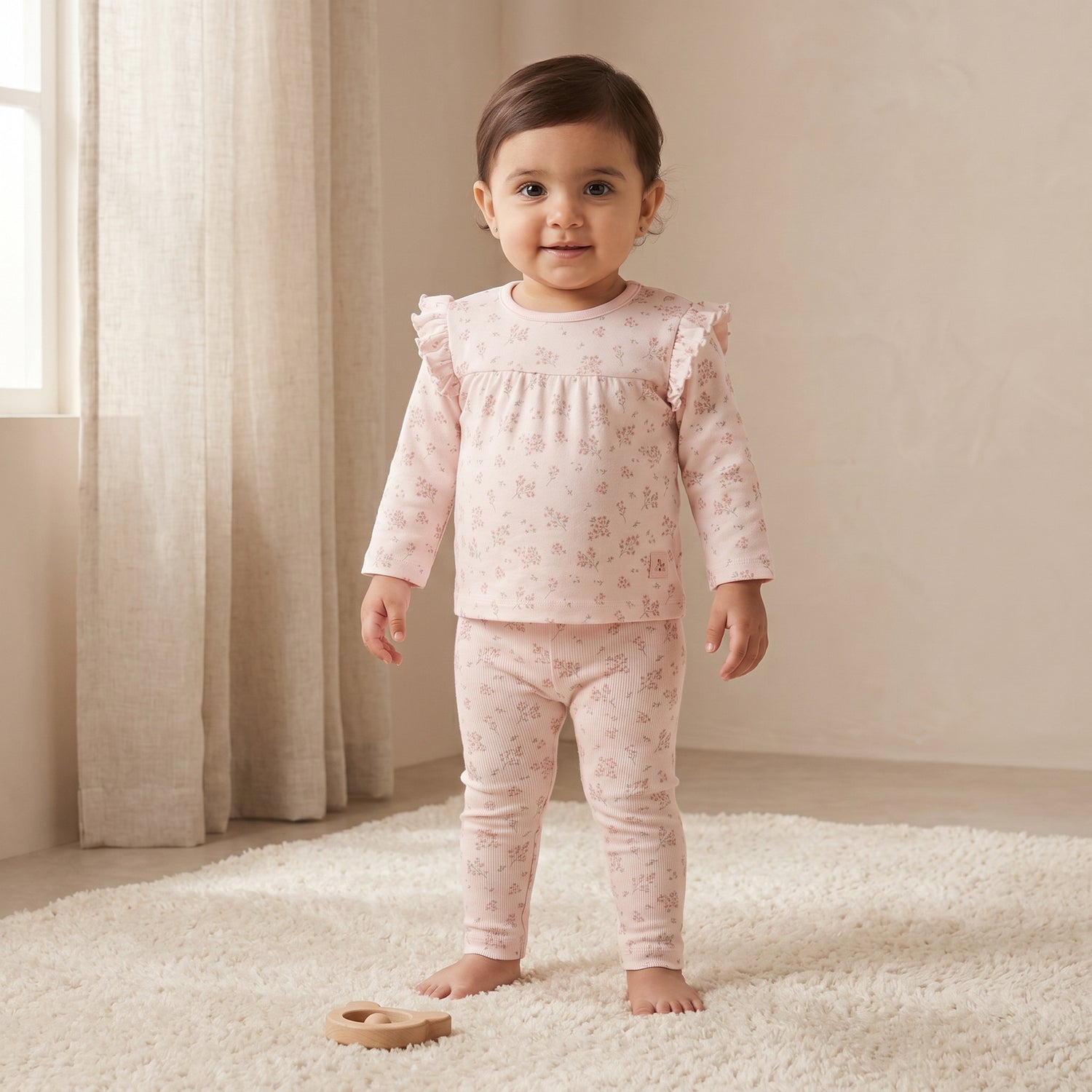 Juniors Cotton Crew Neck Long Sleeves Pyjama Set with Floral Print