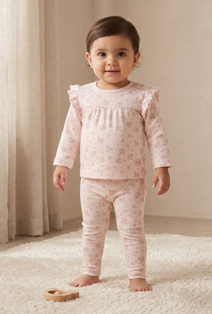 Juniors Cotton Crew Neck Long Sleeves Pyjama Set with Floral Print